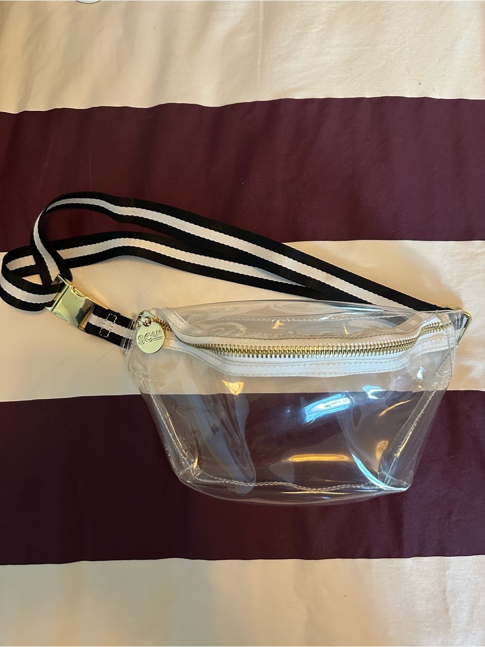 Stoney Clover Lane Clear fanny pack crossbody belt bag w/ black and white strap